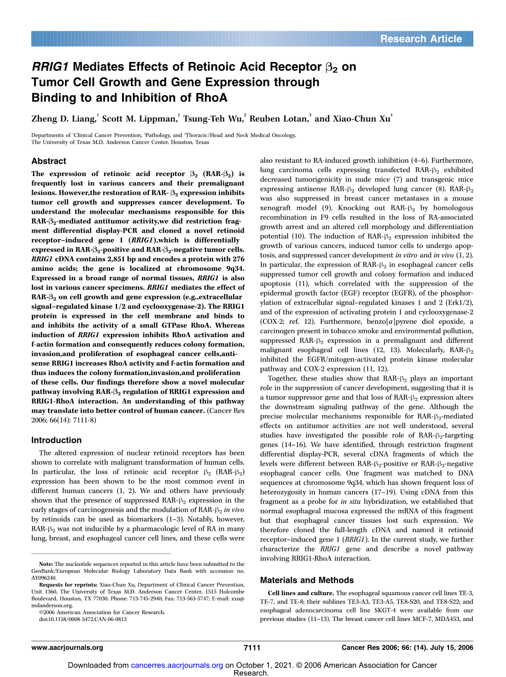 RRIG1 Mediates Effects of Retinoic Acid Receptor Tumor Cell Growth