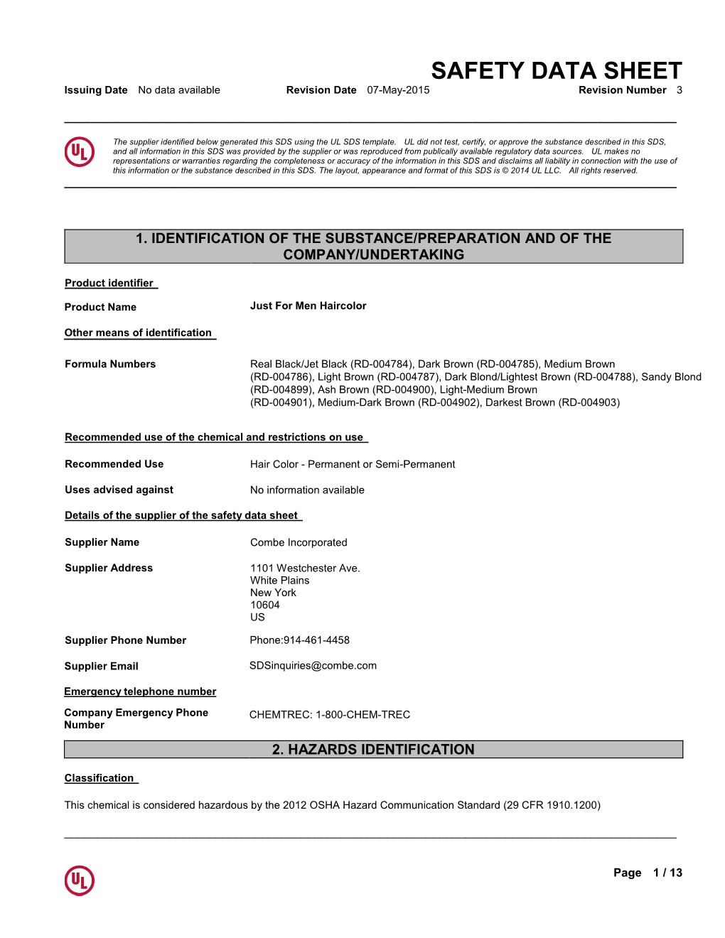 SAFETY DATA SHEET Issuing Date No Data Available Revision Date 07-May-2015 Revision Number 3