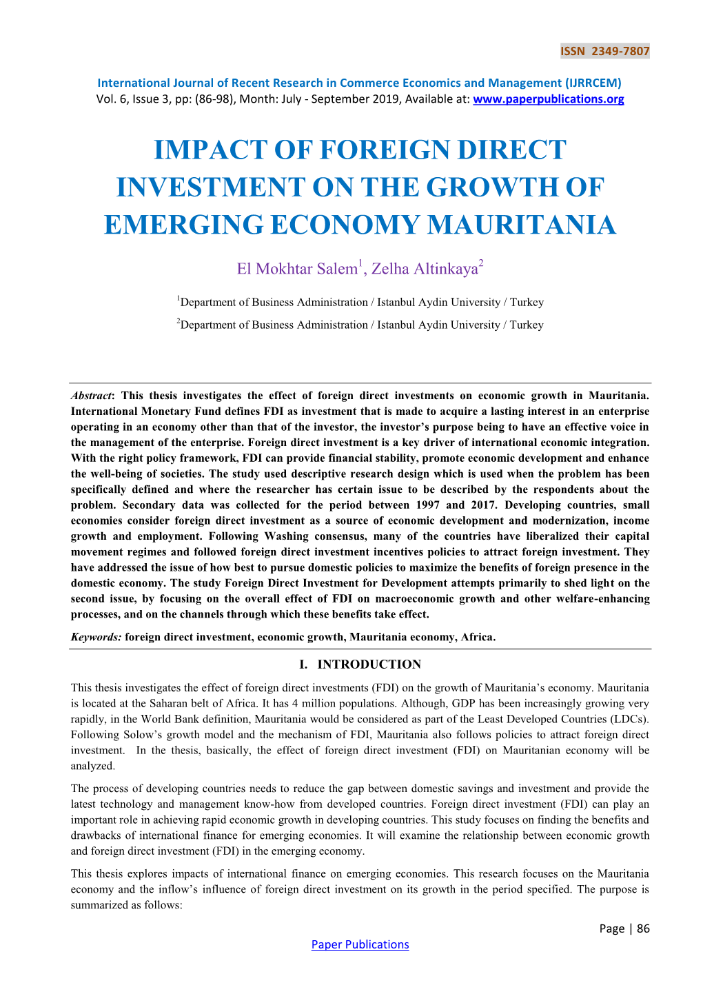 Impact of Foreign Direct Investment on the Growth of Emerging Economy Mauritania