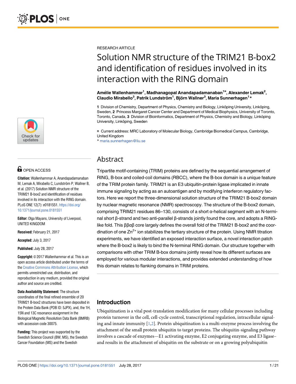 Solution NMR Structure of the TRIM21 B-Box2 and Identification of Residues Involved in Its Interaction with the RING Domain