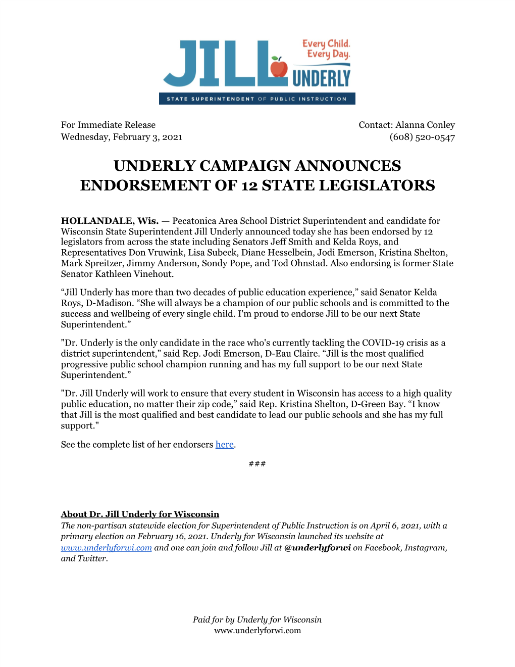 Underly Campaign Announces Endorsement of 12 State Legislators