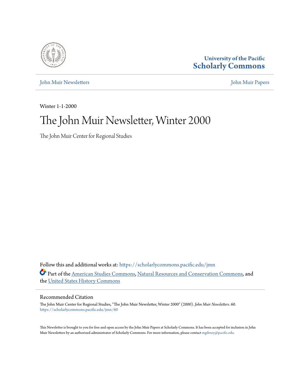 The John Muir Newsletter, Winter 2000