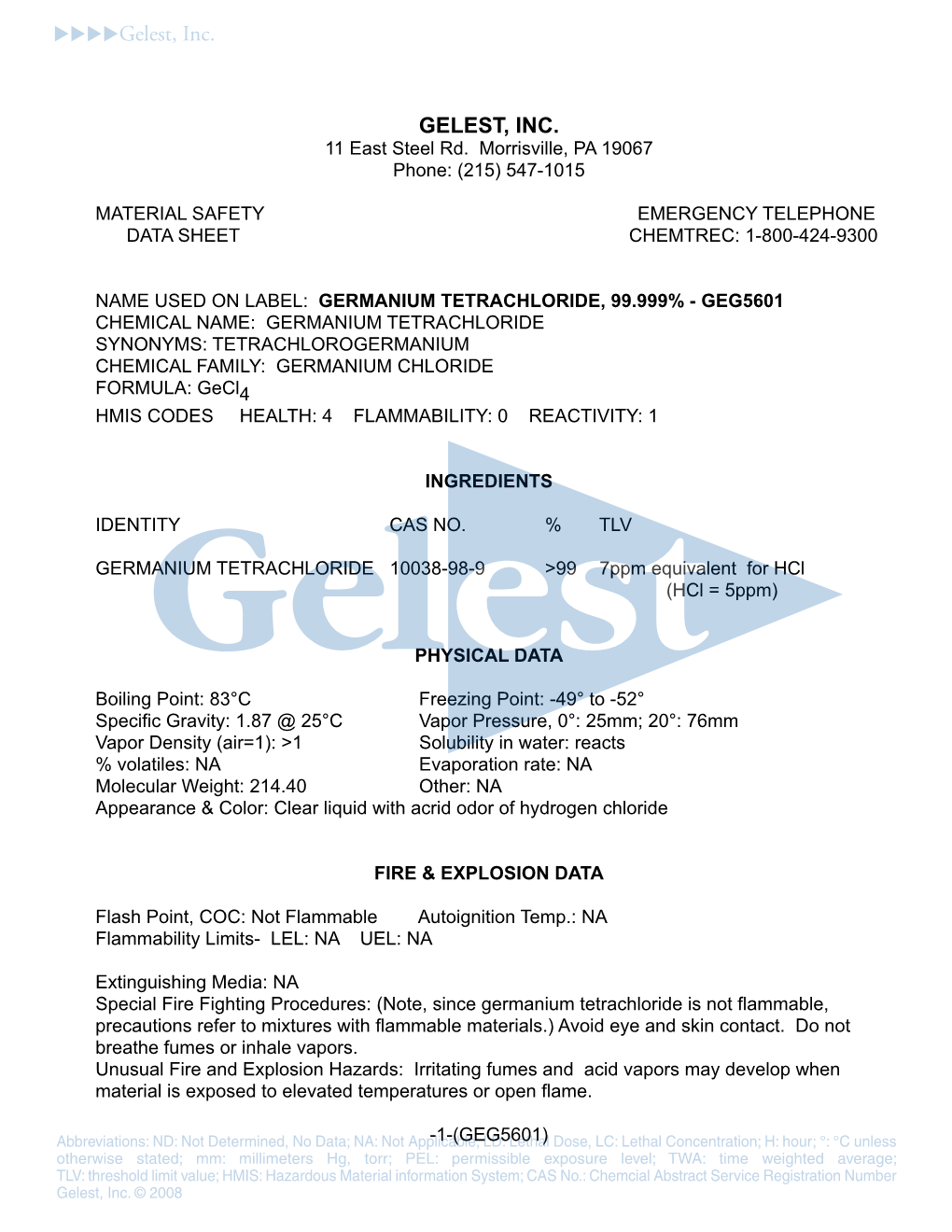 Geg5601 Germanium Tetrachloride, 99.999%