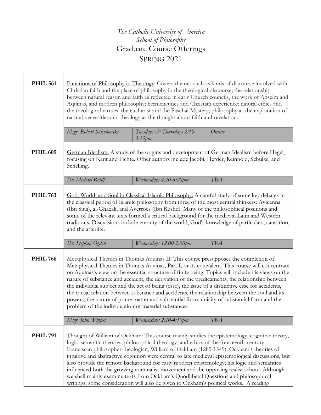 Graduate Course Offerings SPRING 2021