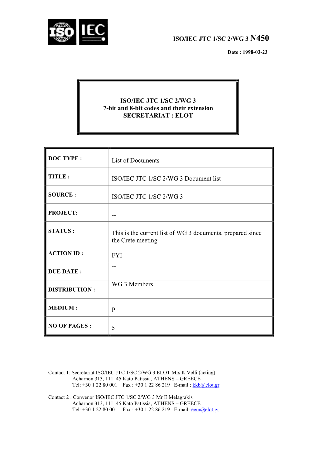 Iso/Iec Jtc 1/Sc 2/Wg 3 N450