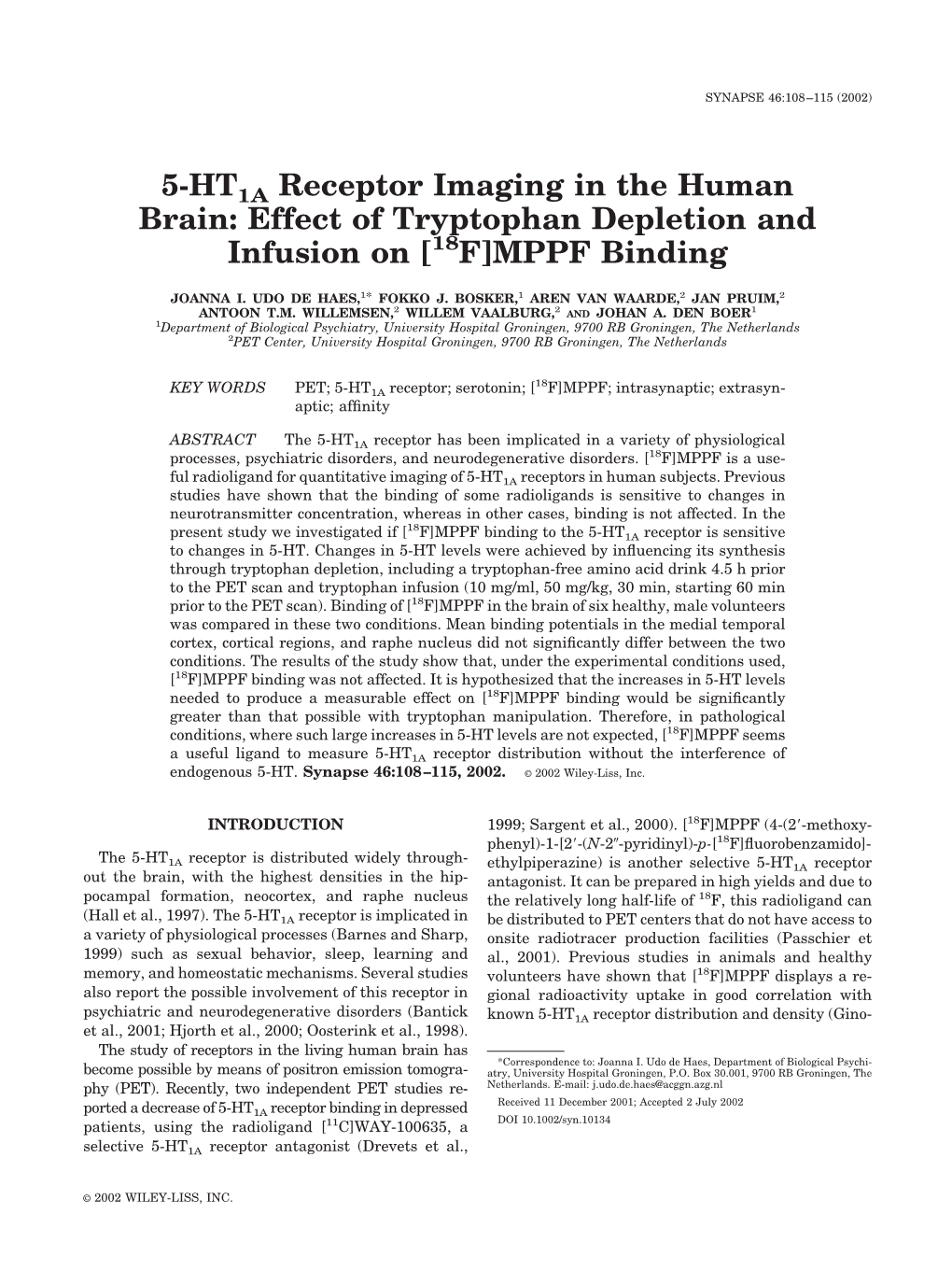 Effect of Tryptophan Depletion and Infusion on [18F]MPPF Binding