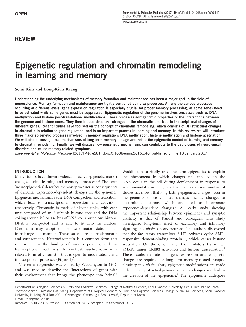 Epigenetic Regulation and Chromatin Remodeling in Learning and Memory