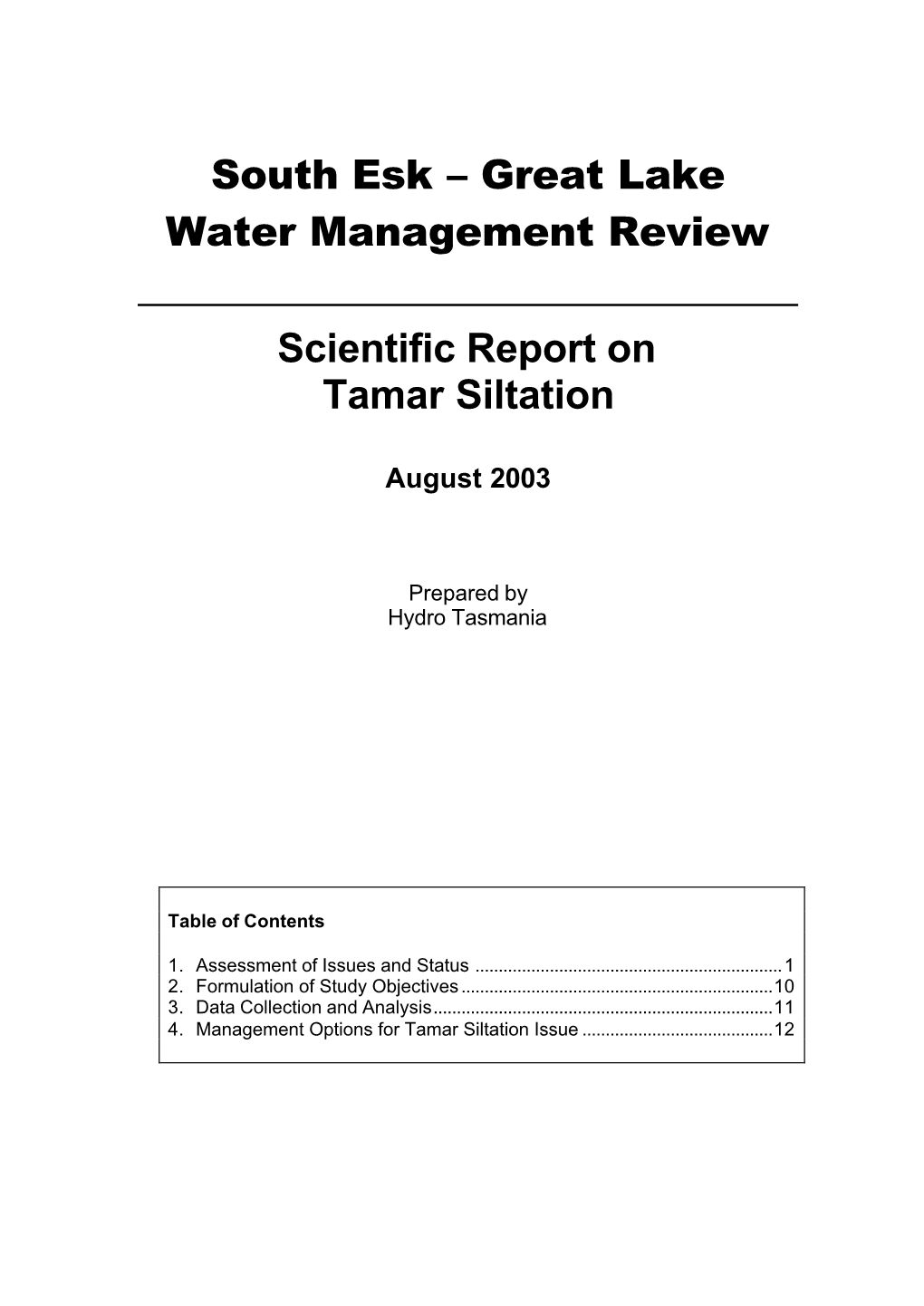 Great Lake Water Management Review Scientific Report on Tamar
