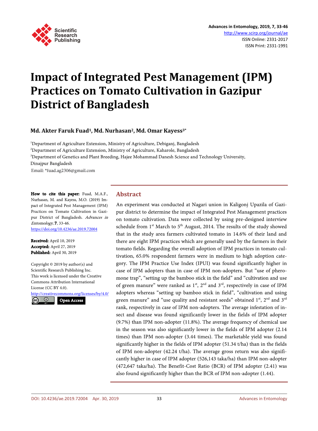 Impact of Integrated Pest Management (IPM) Practices on Tomato Cultivation in Gazipur District of Bangladesh