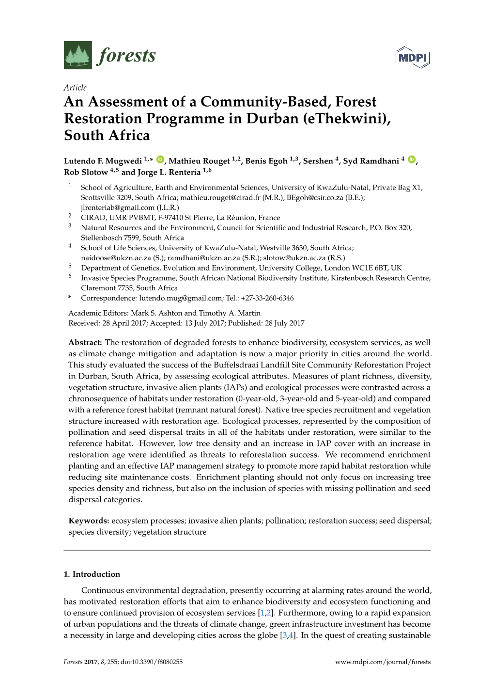 An Assessment of a Community-Based, Forest Restoration Programme in Durban (Ethekwini), South Africa