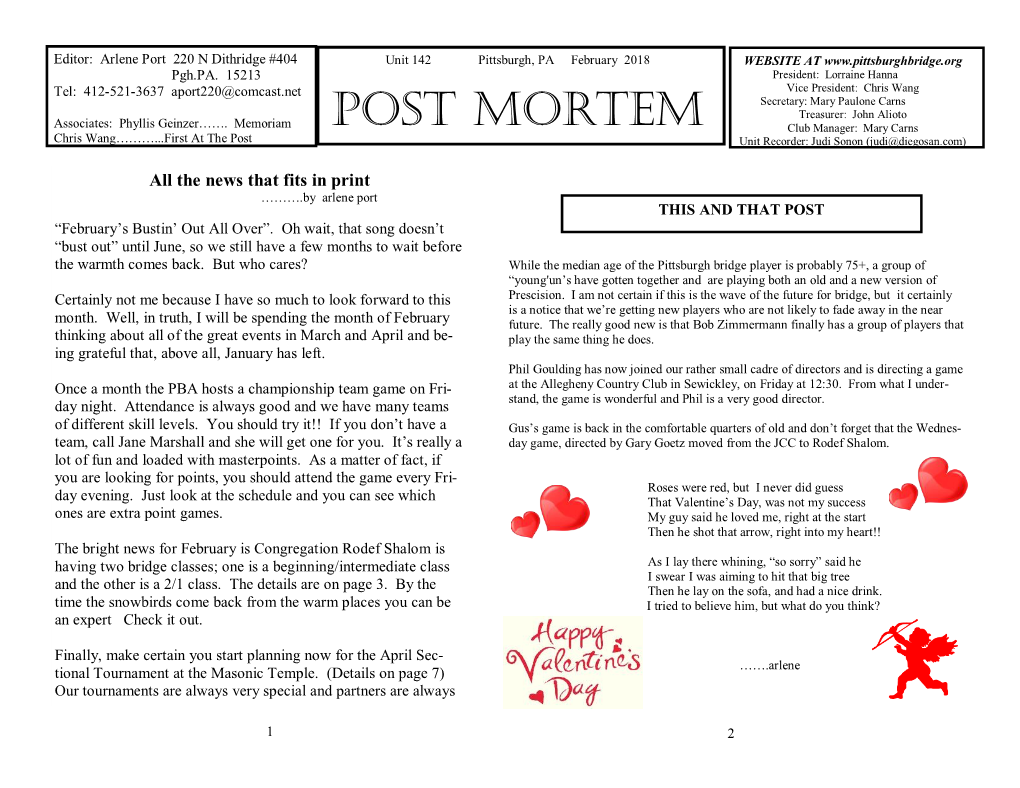 Post Mortem Treasurer: John Alioto Associates: Phyllis Geinzer……