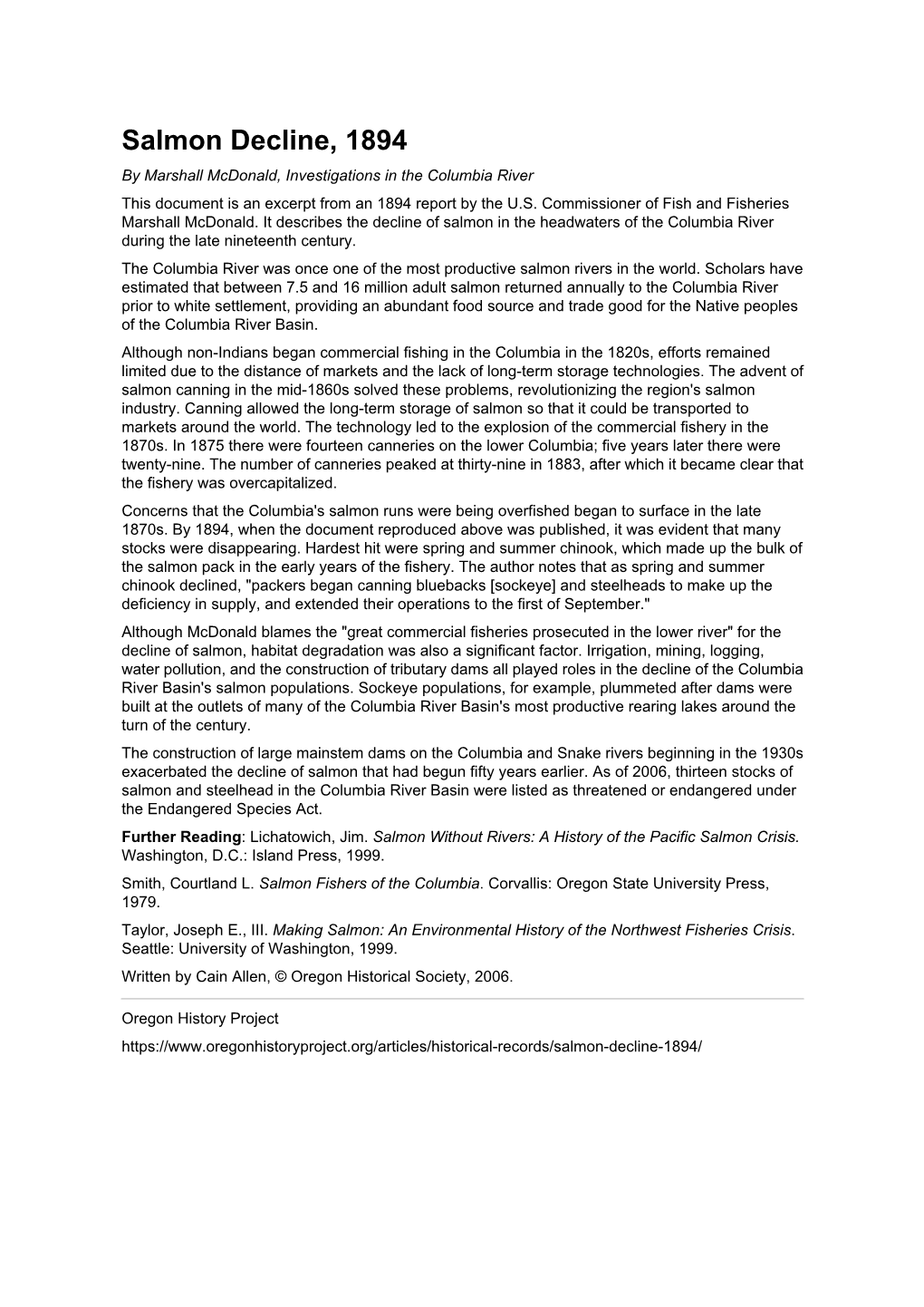 Salmon Decline, 1894 by Marshall Mcdonald, Investigations in the Columbia River This Document Is an Excerpt from an 1894 Report by the U.S