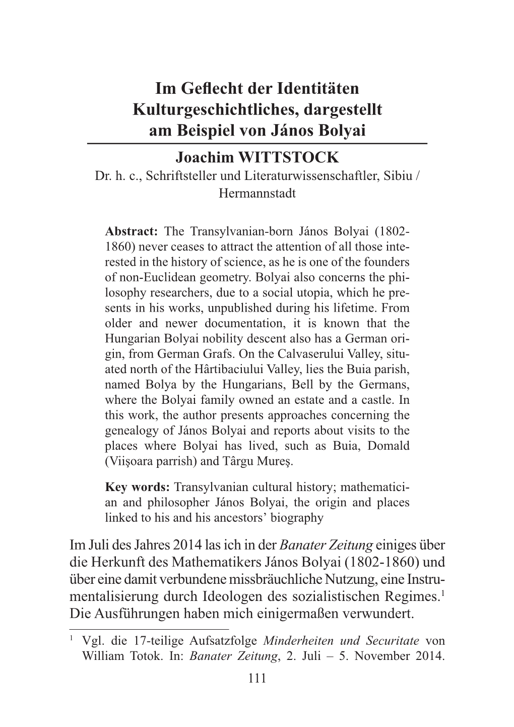 Im Geflecht Der Identitäten Kulturgeschichtliches, Dargestellt Am Beispiel Von János Bolyai Joachim WITTSTOCK Dr