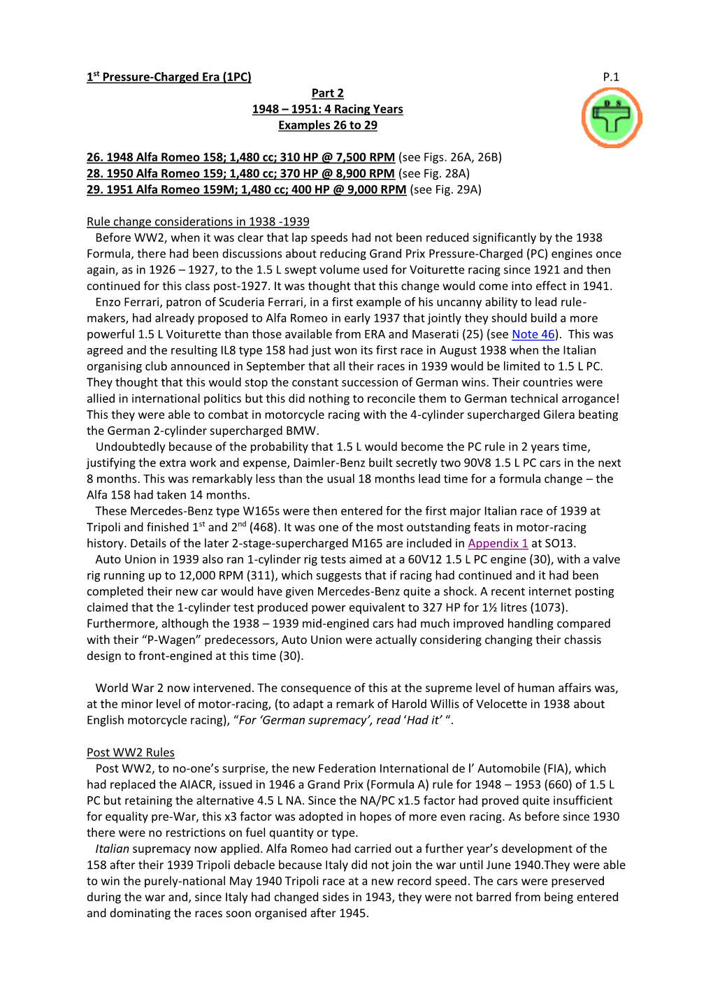 1St Pressure-Charged Era (1PC) P.1 Part 2 1948 – 1951: 4 Racing Years Examples 26 to 29