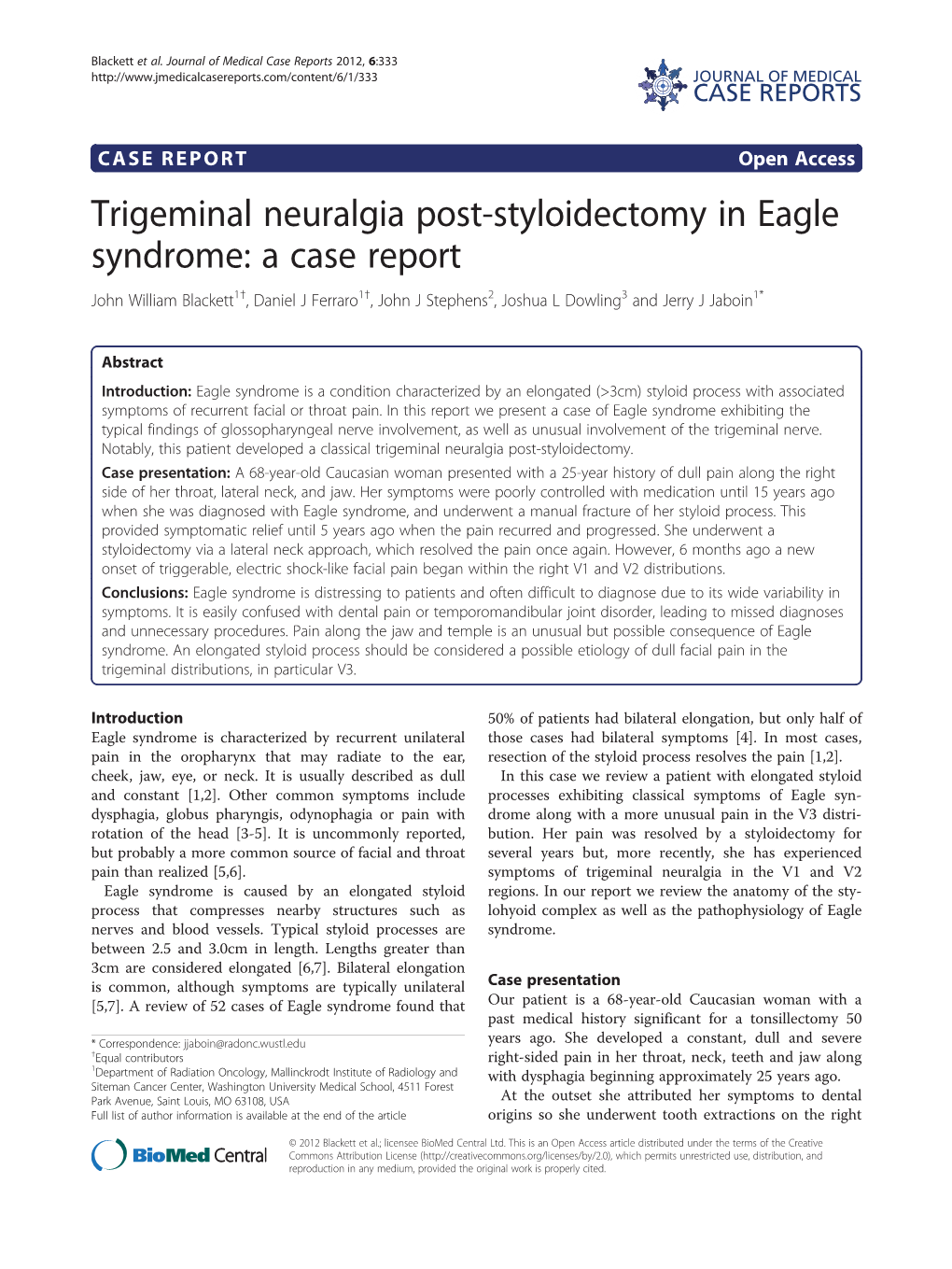 Trigeminal Neuralgia Post-Styloidectomy in Eagle Syndrome