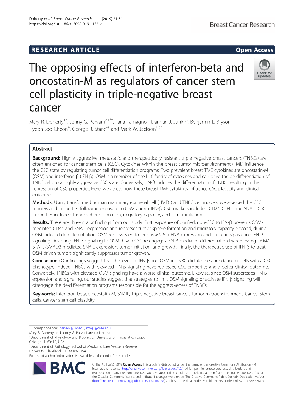 The Opposing Effects of Interferon-Beta and Oncostatin-M As Regulators of Cancer Stem Cell Plasticity in Triple-Negative Breast Cancer Mary R