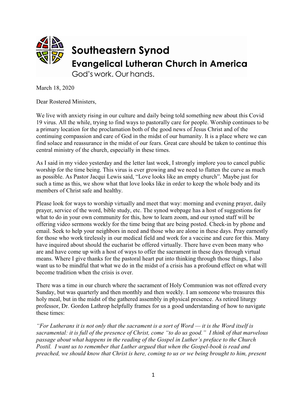 Read Bishop Strickland's Letter to Rostered Ministers About Worship in a Virtual