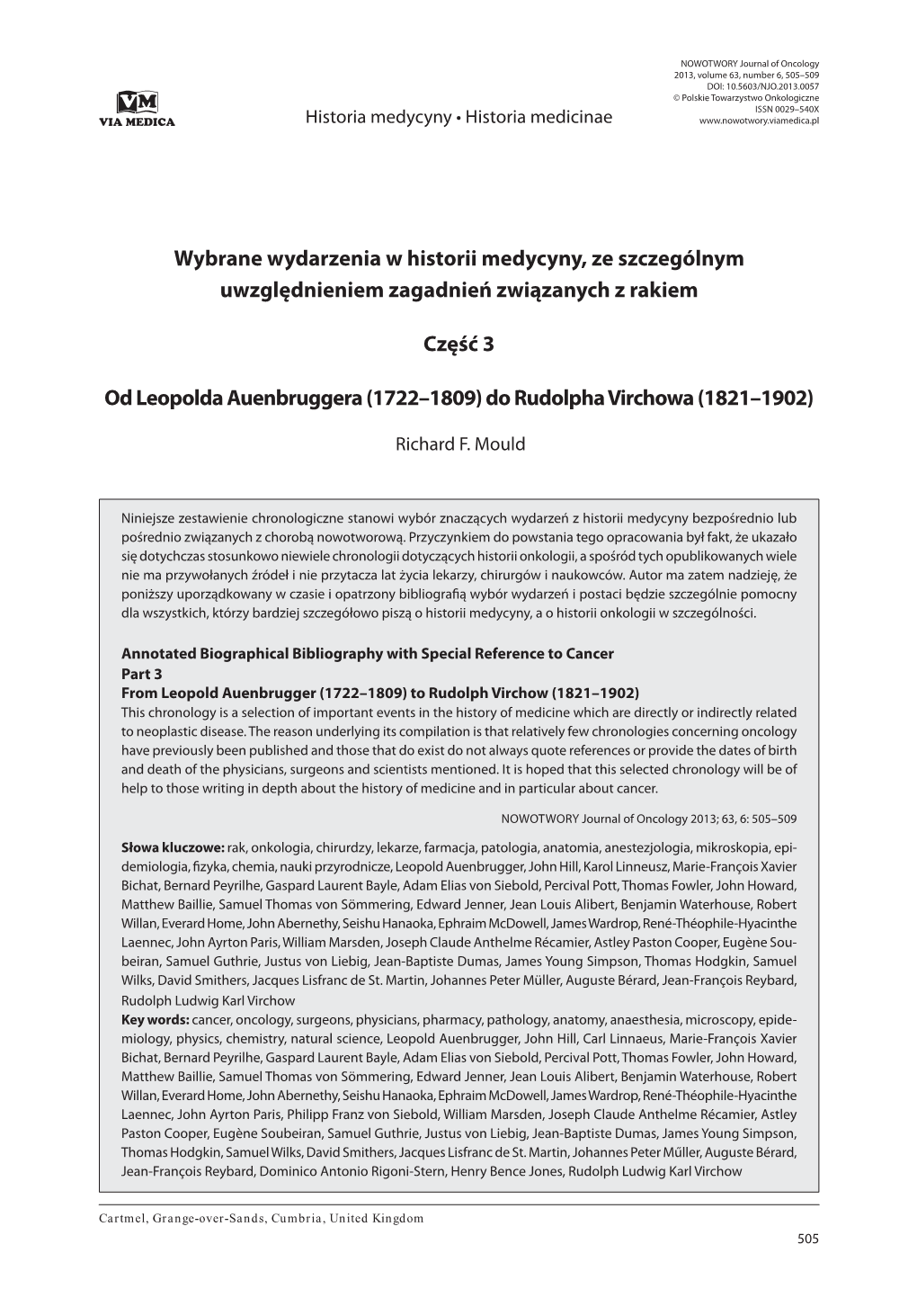 Wybrane Wydarzenia W Historii Medycyny, Ze Szczególnym Uwzględnieniem Zagadnień Związanych Z Rakiem