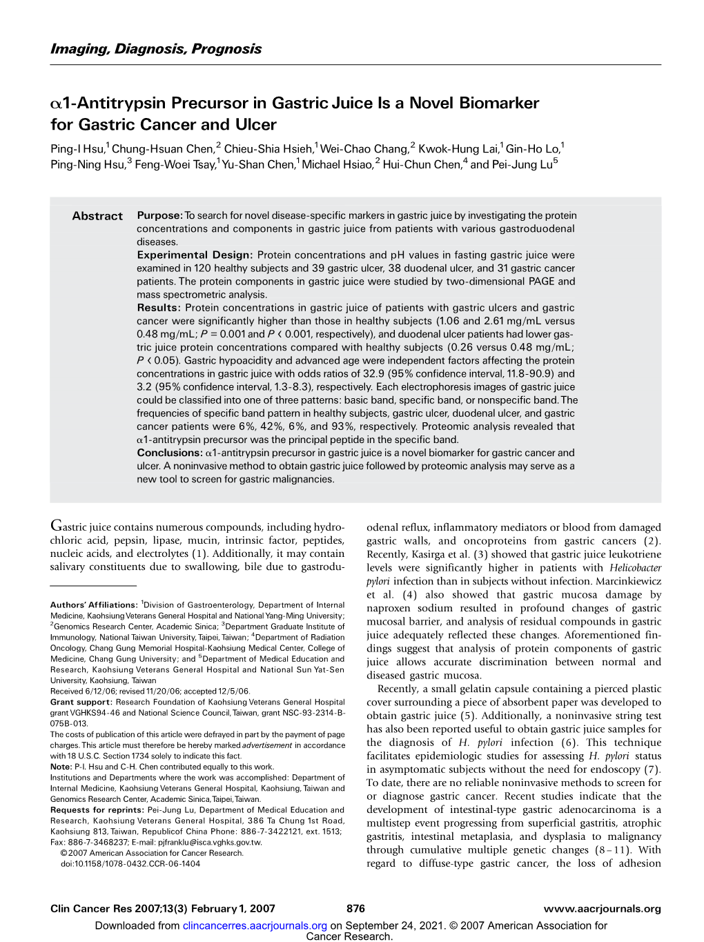 A1-Antitrypsin Precursor in Gastric Juice Is a Novel Biomarker For