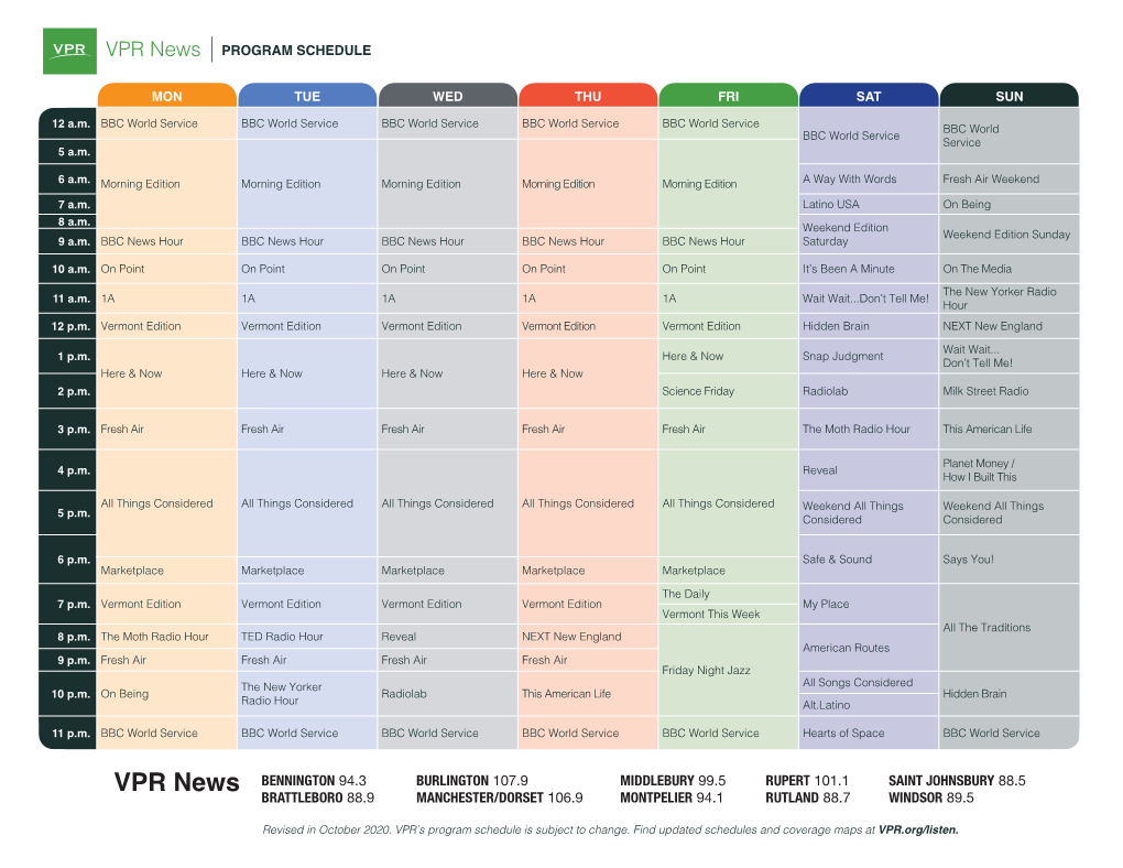 Printable PDF Schedule of VPR News & VPR Classical