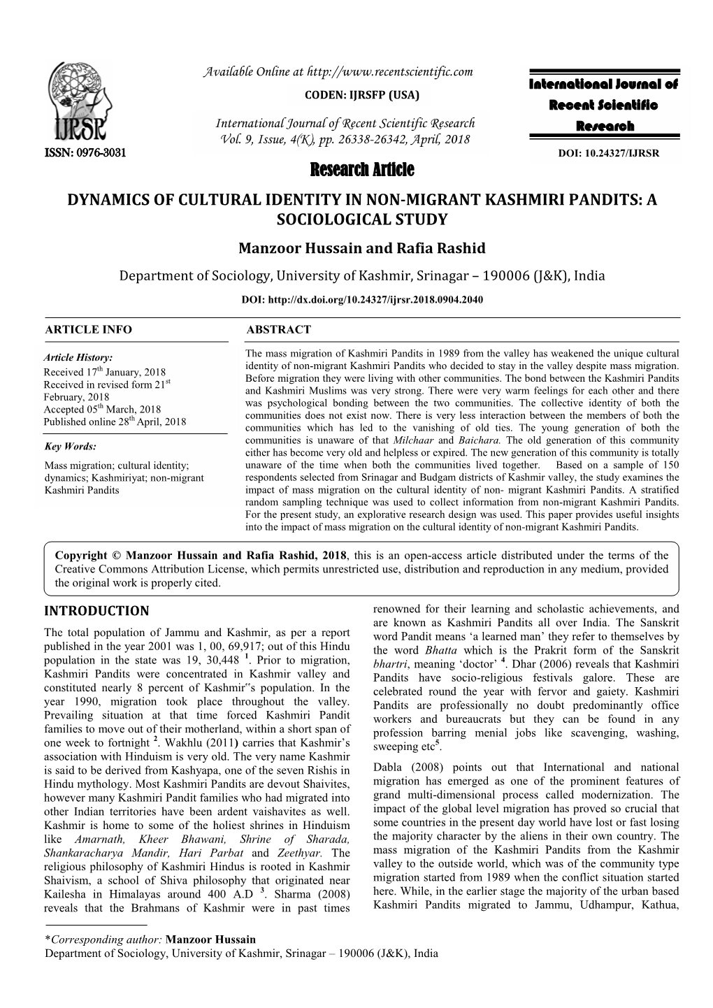 Research Article DYNAMICS of CULTURAL IDENTITY in NON-MIGRANT KASHMIRI PANDITS: a SOCIOLOGICAL STUDY