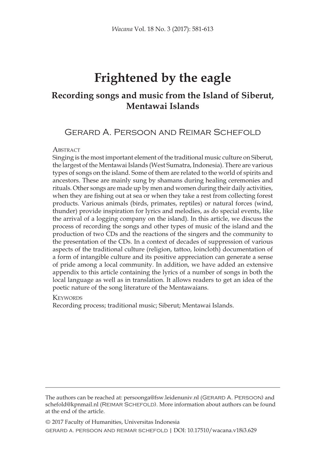 Frightened by the Eagle Recording Songs and Music from the Island of Siberut, Mentawai Islands