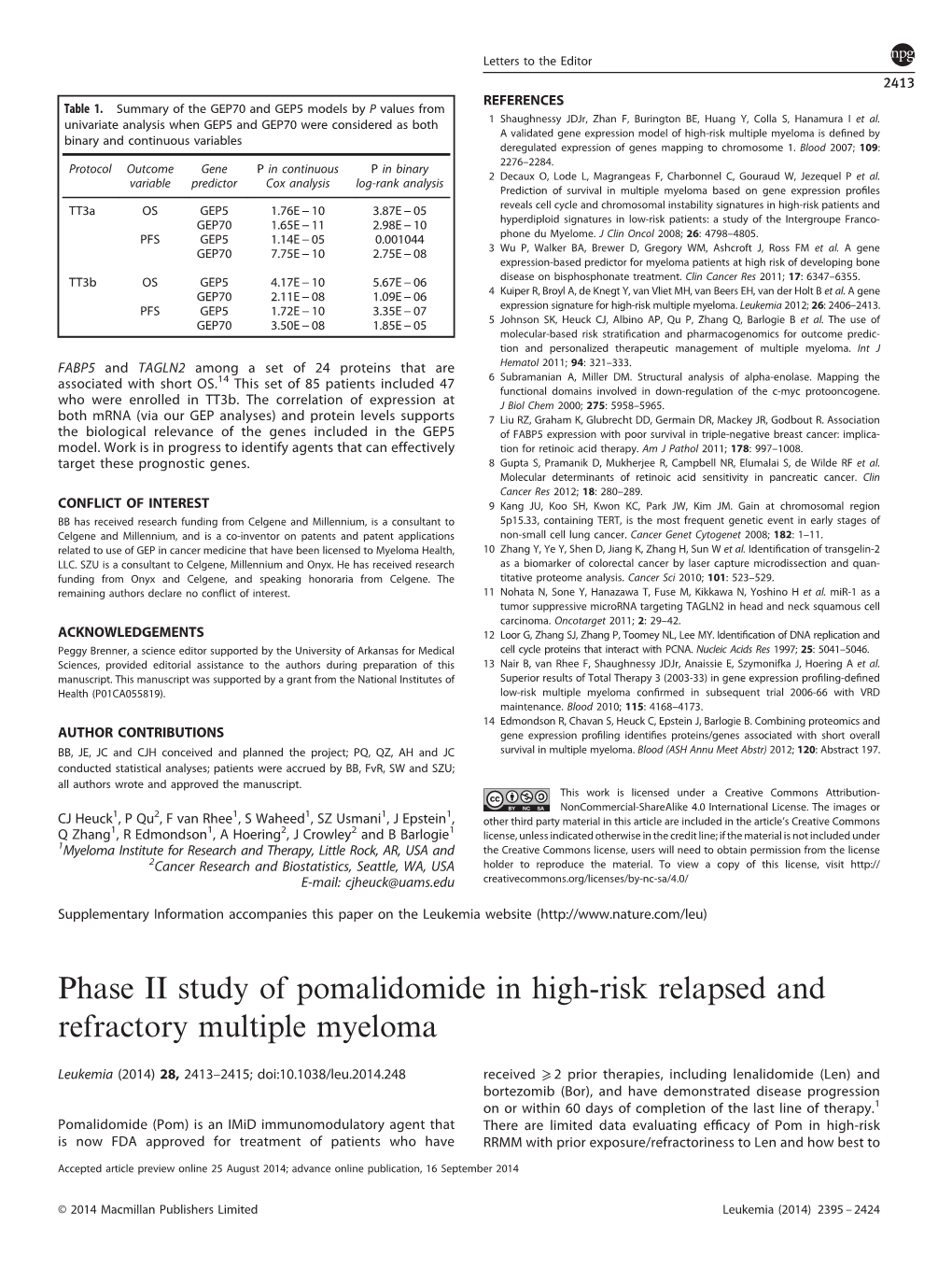 Phase II Study of Pomalidomide in High-Risk Relapsed and Refractory Multiple Myeloma