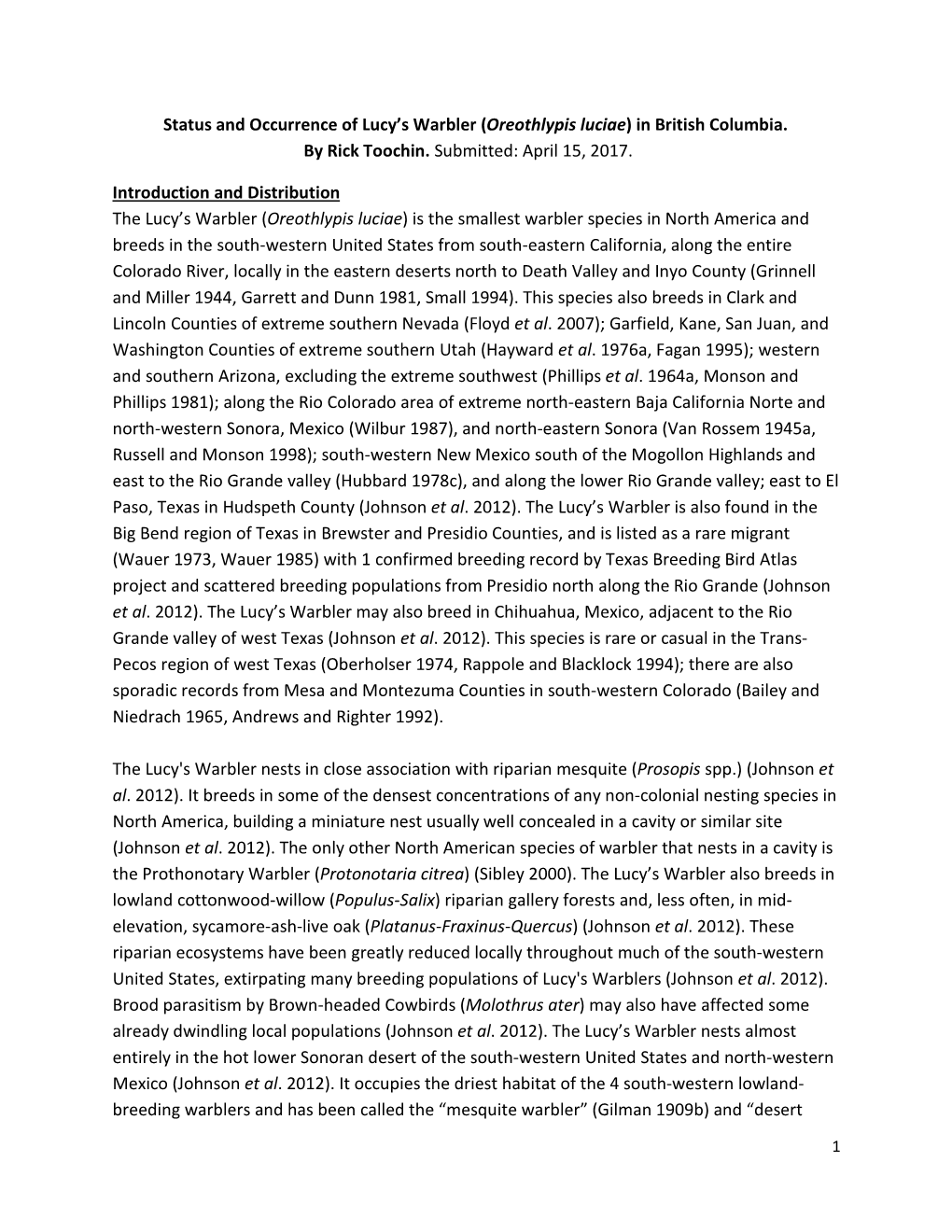 Status and Occurrence of Lucy's Warbler (Oreothlypis Luciae) In