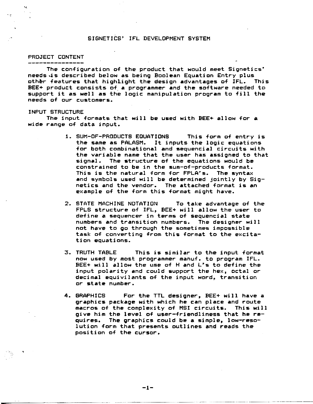 Signetics IFL Development System Spec July 1982