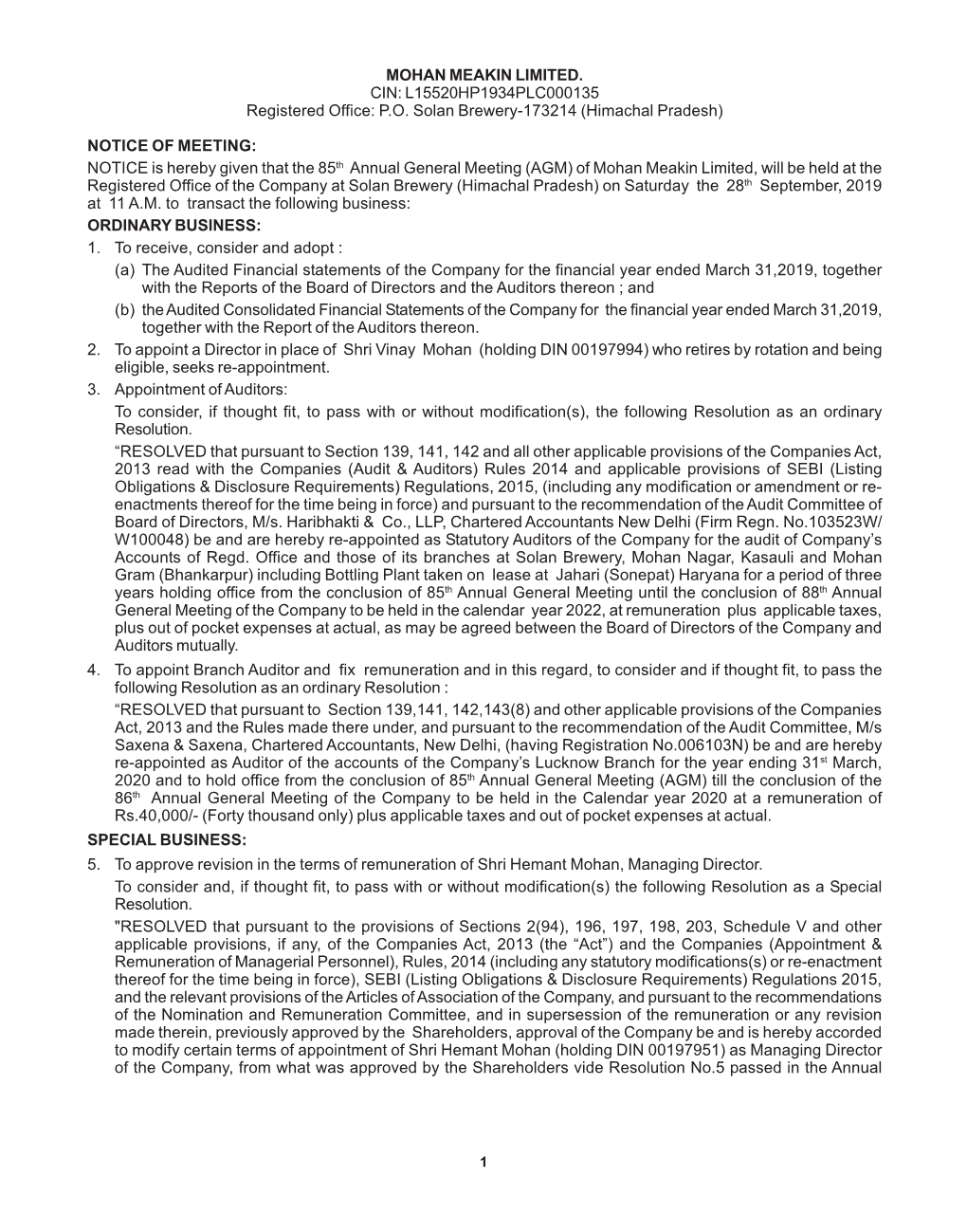 PO Solan Brewery-173214 (Himachal Pradesh) NOTICE of MEETI