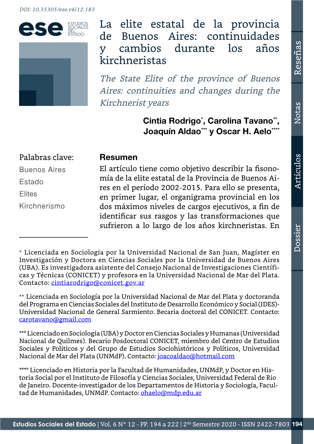 La Elite Estatal De La Provincia De Buenos Aires: Continuidades Y Cambios Durante Los Años Kirchneristas