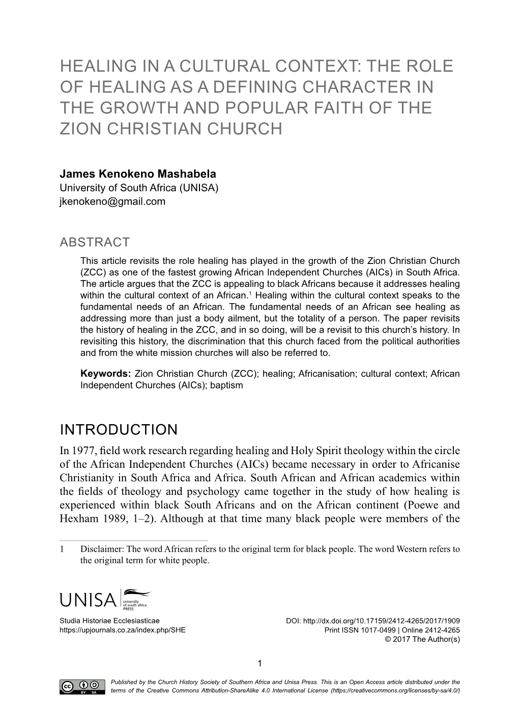 The Role of Healing As a Defining Character in the Growth and Popular Faith of the Zion Christian Church