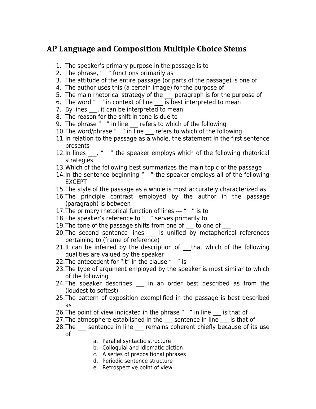 AP Language and Composition Multiple Choice Stems