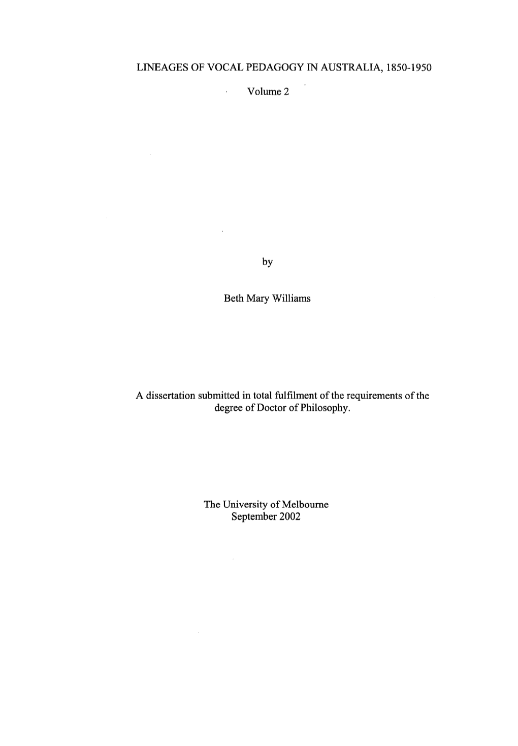 LINEAGES of VOCAL PEDAGOGY in AUSTRALIA, 1850-1950 Volume 2