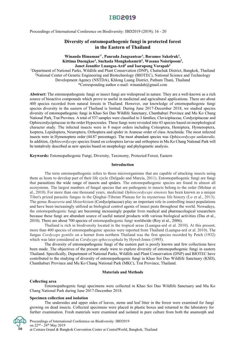 Diversity of Entomopathogenic Fungi in Protected Forest in the Eastern of Thailand