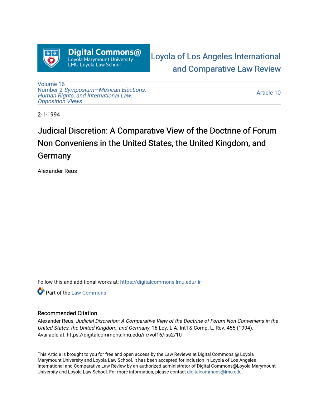 Judicial Discretion: a Comparative View of the Doctrine of Forum Non Conveniens in the United States, the United Kingdom, and Germany