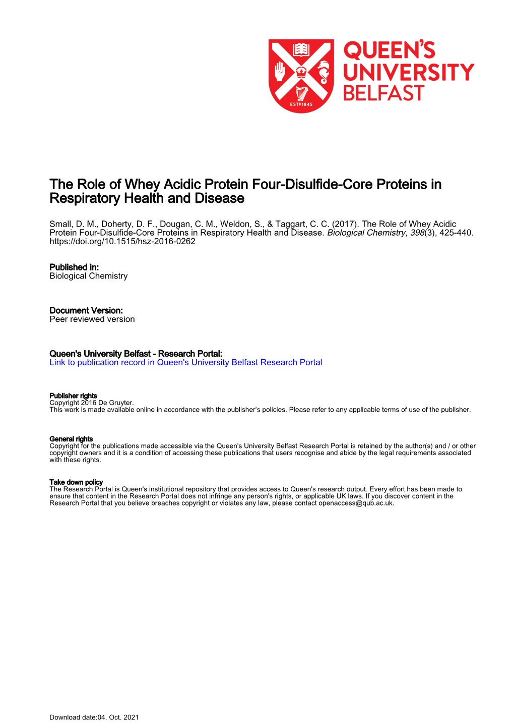 The Role of Whey Acidic Protein Four-Disulfide-Core Proteins in Respiratory Health and Disease