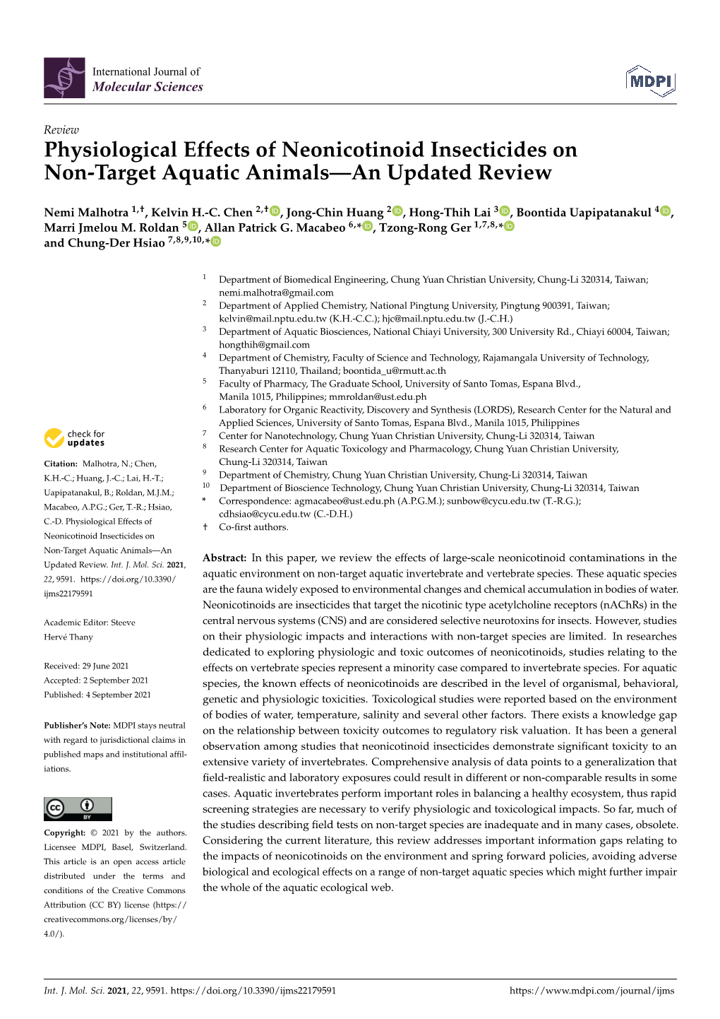 Physiological Effects of Neonicotinoid Insecticides on Non-Target Aquatic Animals—An Updated Review