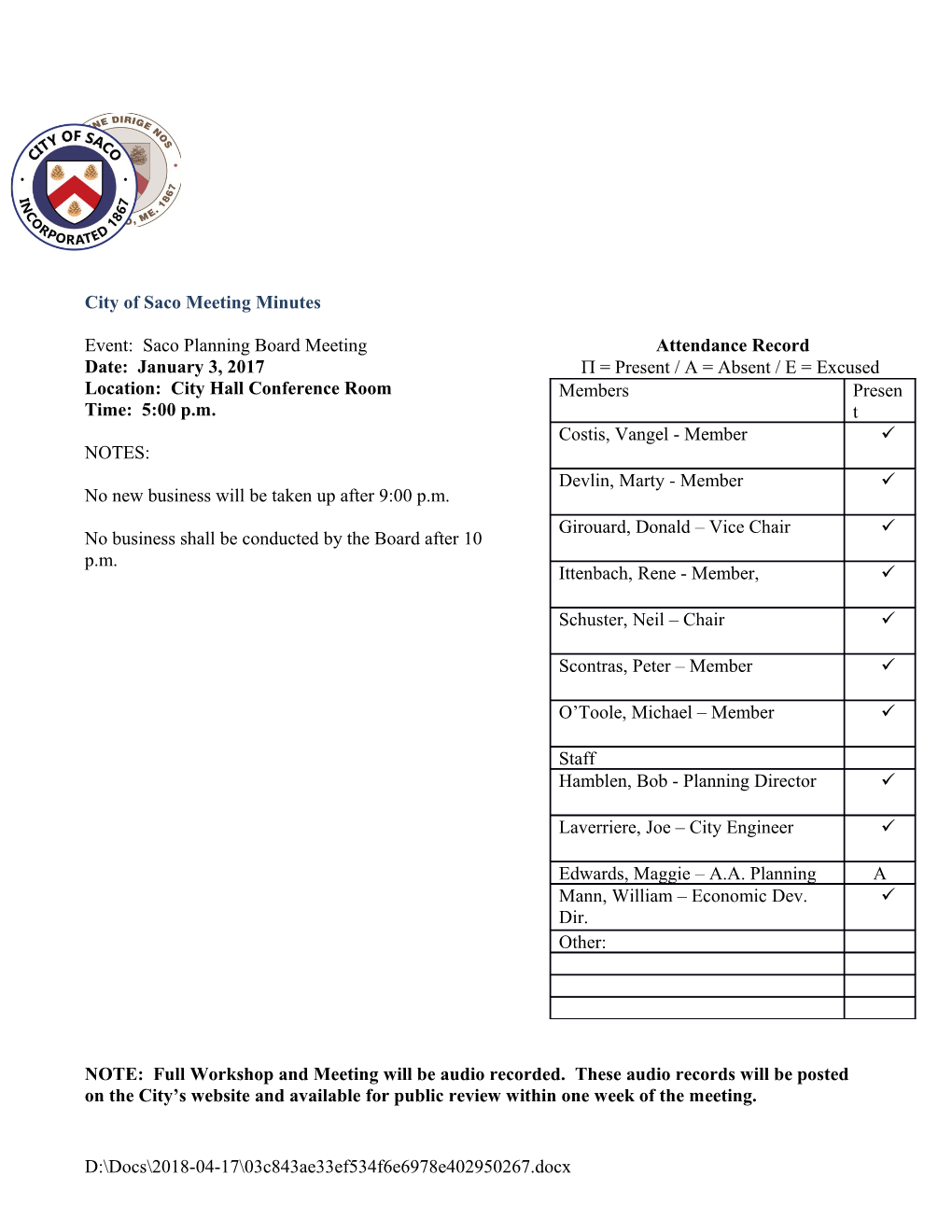 City of Saco Meeting Minutes