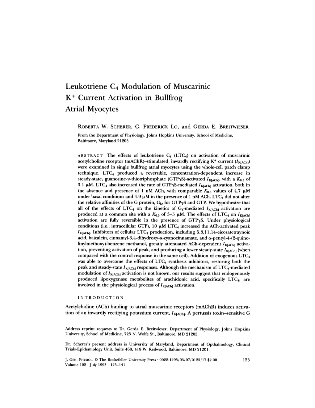 Leukotriene C 4 Modulation of Muscarinic K + Current Activation in Bullfrog Atrial Myocytes