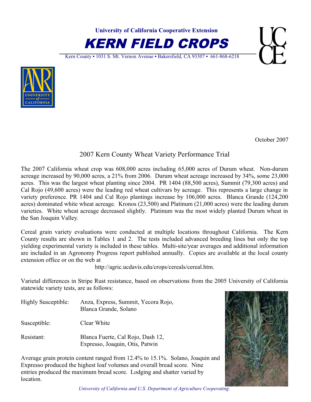 2007 Kern County Wheat Variety Performance Trial