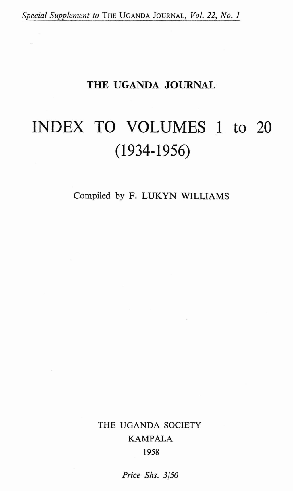 INDEX to VOLUMES 1 to 20 (1934-1956)