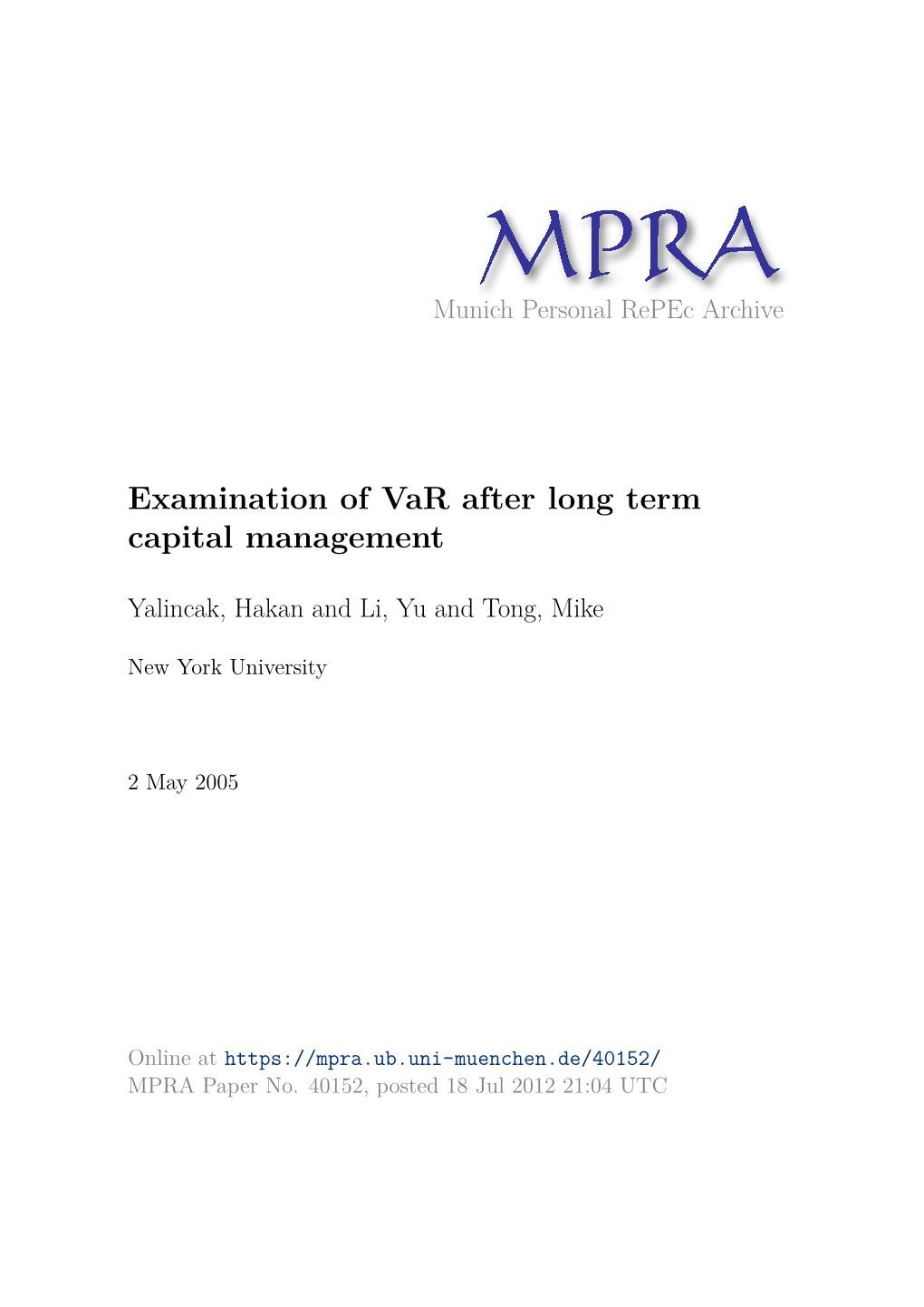 Examination of Var After Long Term Capital Management