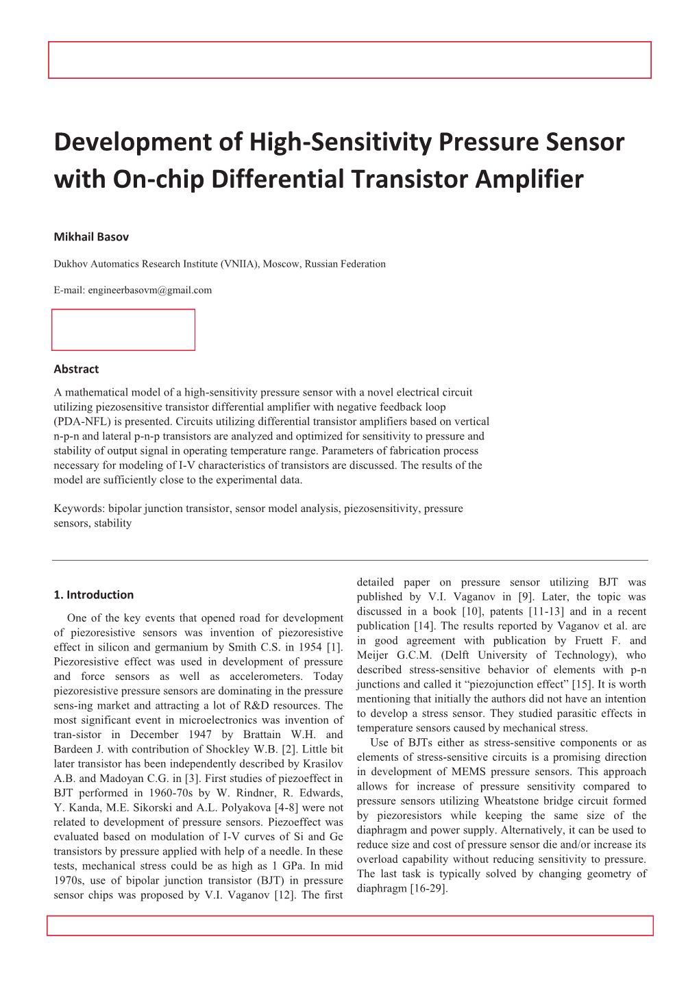 Development of High-Sensitivity Pressure Sensor with On-Chip Differential Transistor Amplifier