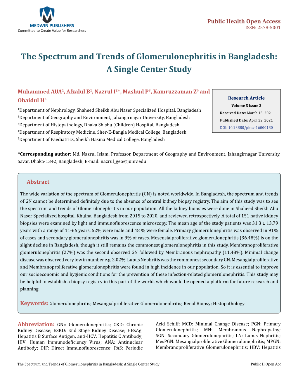 The Spectrum and Trends of Glomerulonephritis in Bangladesh: a Single Center Study