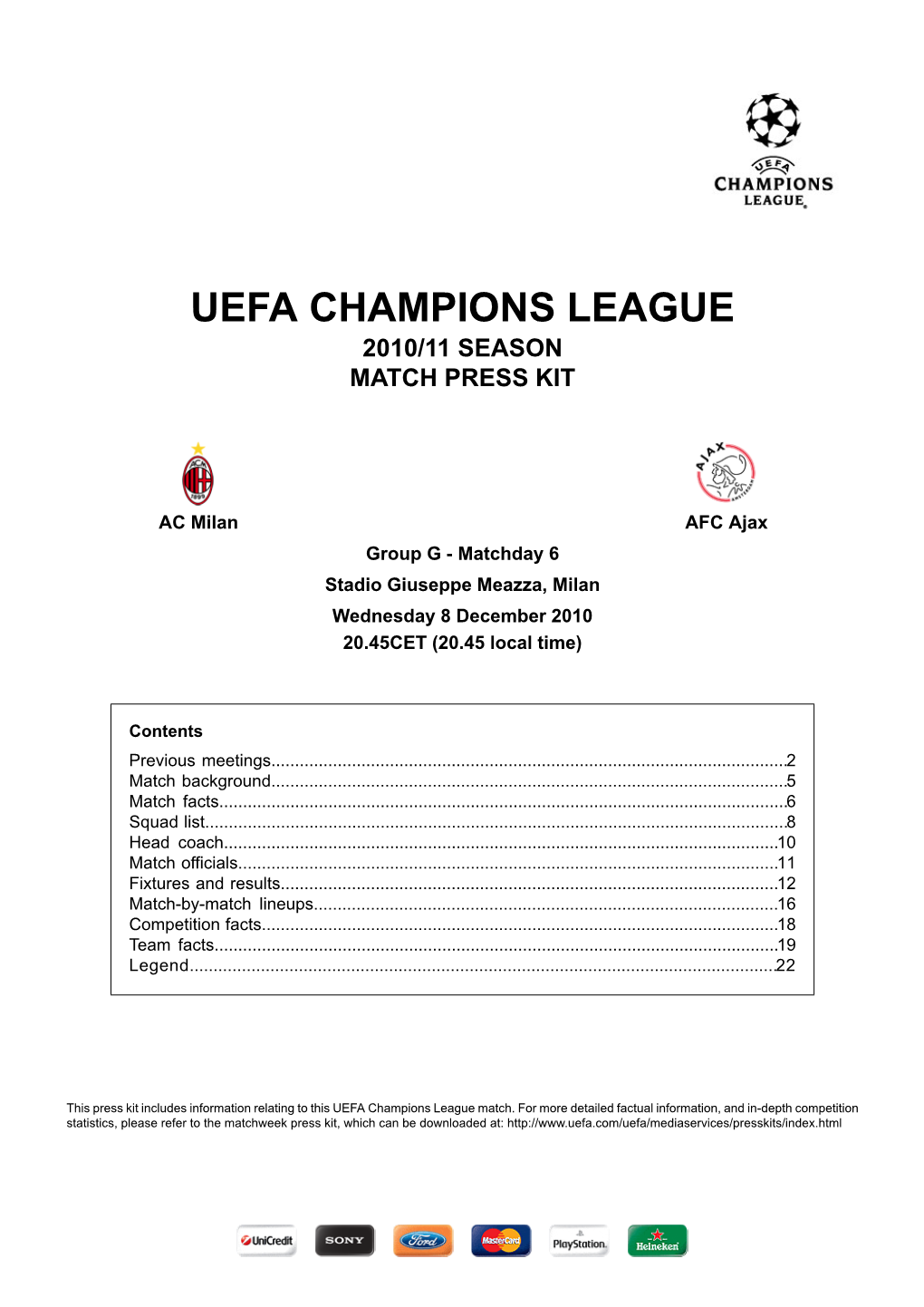 Uefa Champions League 2010/11 Season Match Press Kit