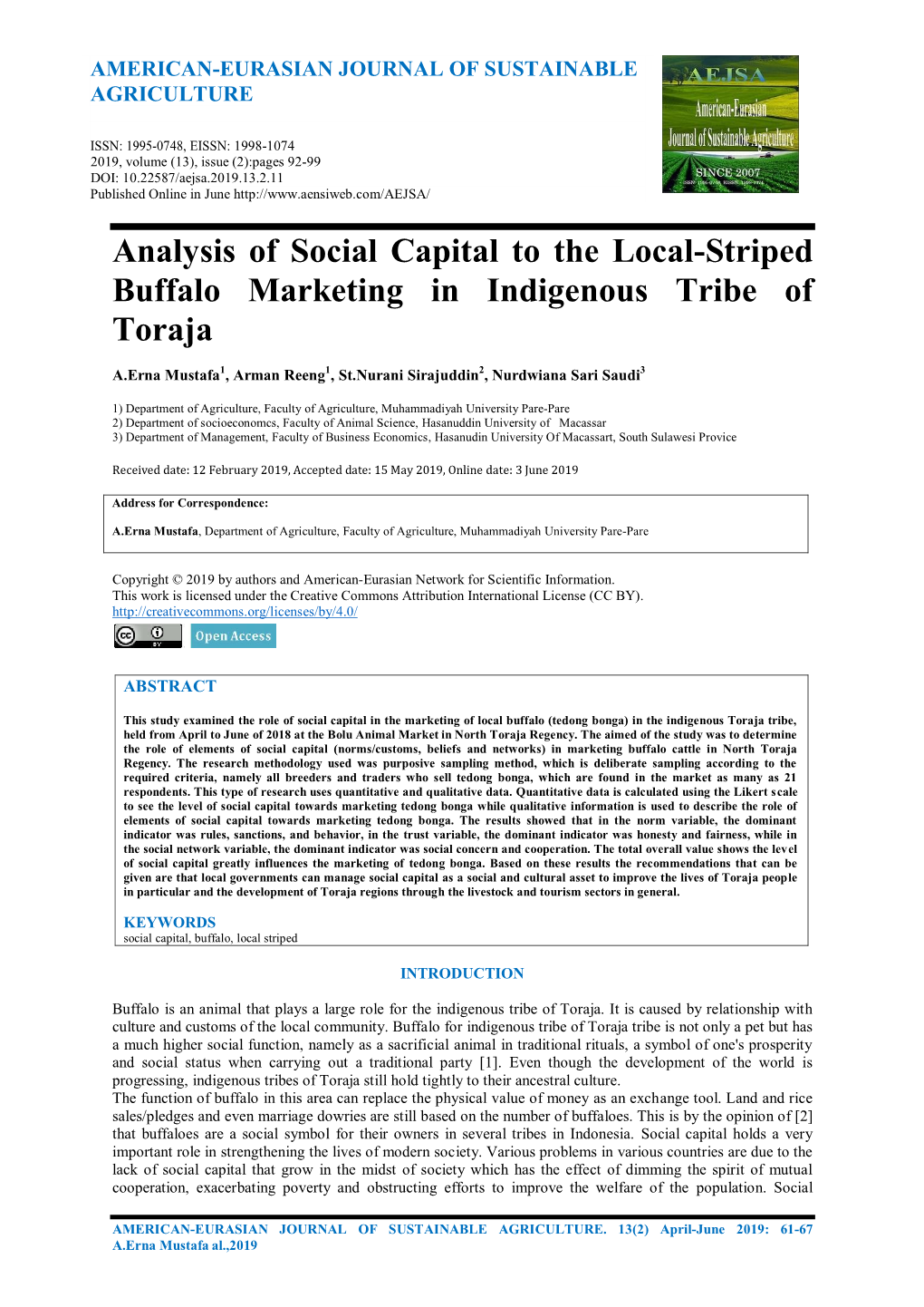 Analysis of Social Capital to the Local-Striped Buffalo Marketing in Indigenous Tribe of Toraja