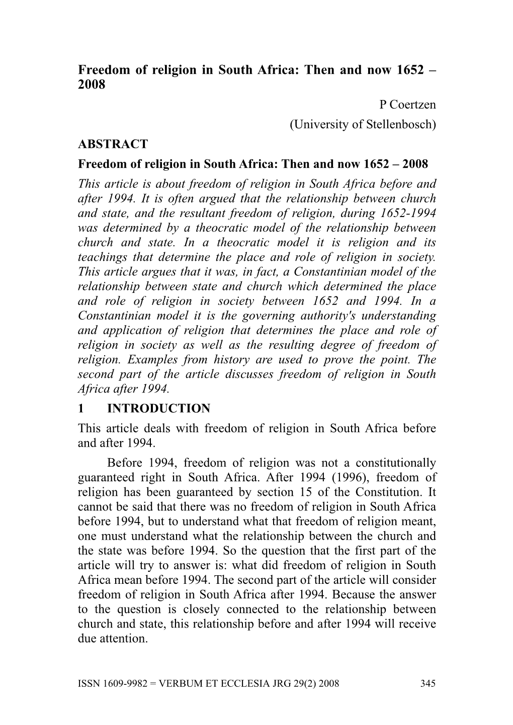 Freedom of Religion in South Africa: Then and Now 1652 – 2008