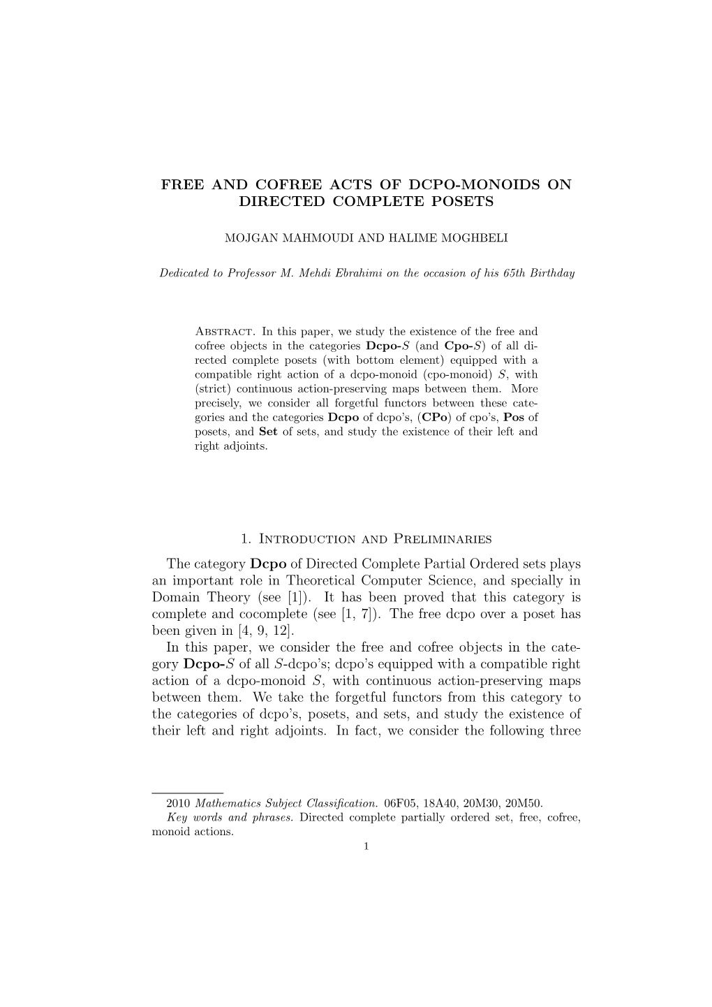 FREE and COFREE ACTS of DCPO-MONOIDS on DIRECTED COMPLETE POSETS 1. Introduction and Preliminaries the Category Dcpo of Directed