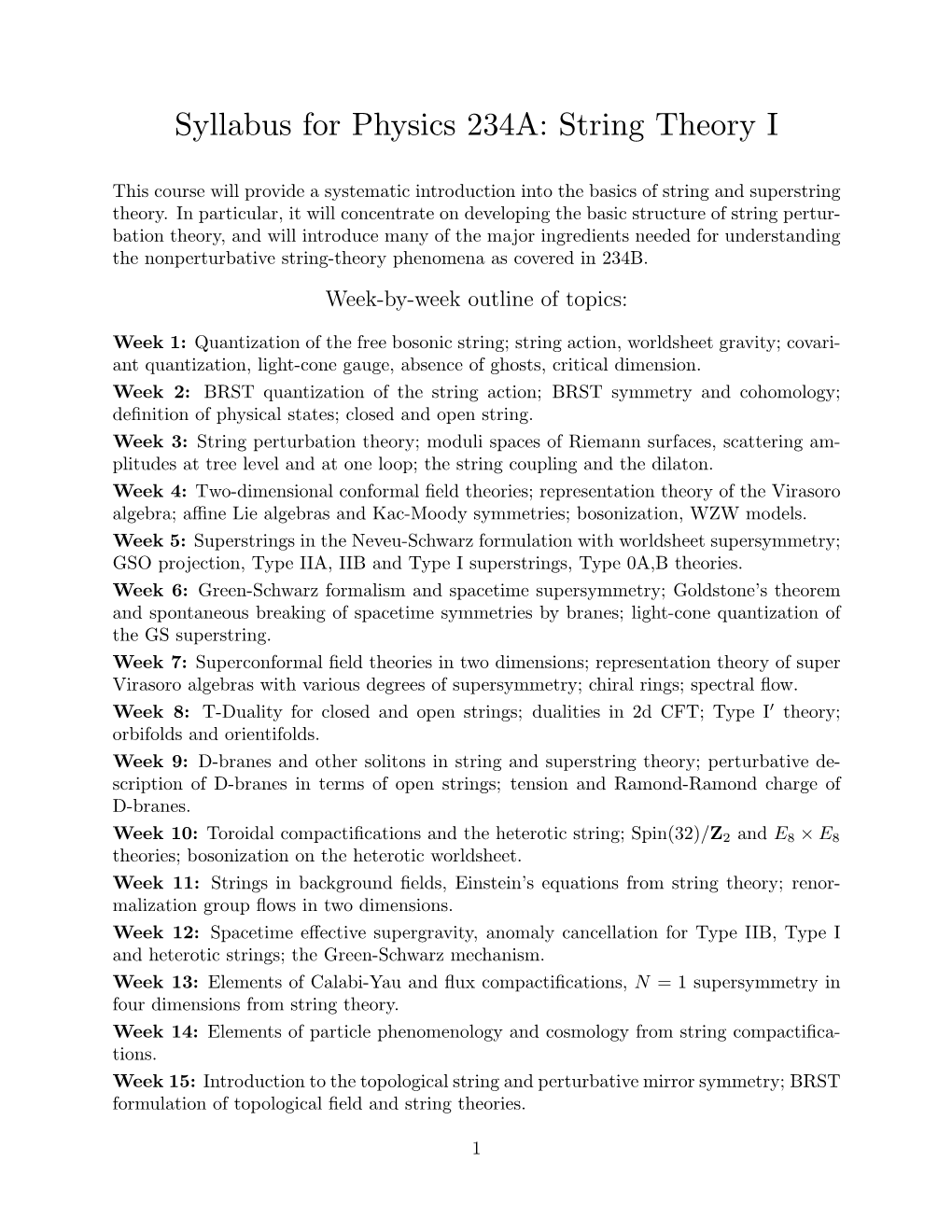 Syllabus for Physics 234A: String Theory I